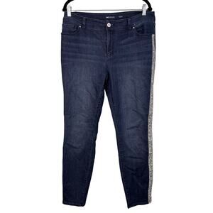 INC Denim Jeans Womens 12/31 Embellished-Stripe Silver Trim Glitter Skinny Blue